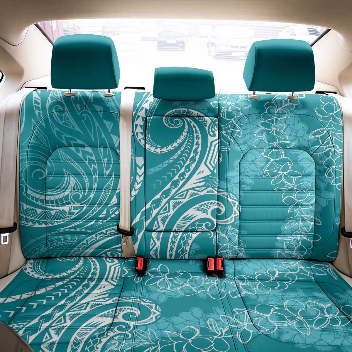 Polynesia Plumeria Lei Back Car Seat Cover Teal Curves Motif
