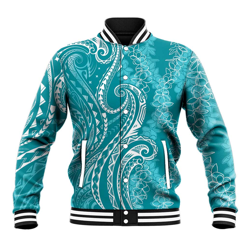 Polynesia Plumeria Lei Baseball Jacket Teal Curves Motif LT7 Unisex Teal - Polynesian Pride