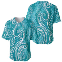Polynesia Plumeria Lei Baseball Jersey Teal Curves Motif