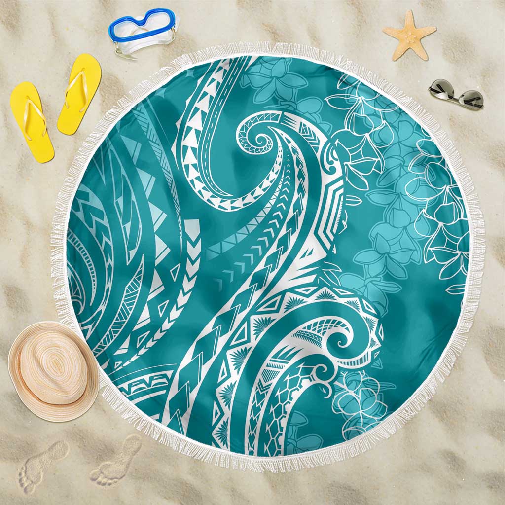 Polynesia Plumeria Lei Beach Blanket Teal Curves Motif LT7 One Size 150cm Teal - Polynesian Pride