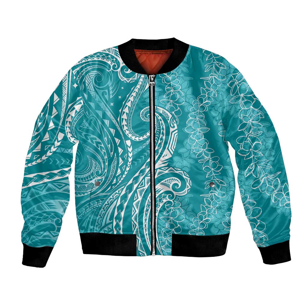 Polynesia Plumeria Lei Bomber Jacket Teal Curves Motif