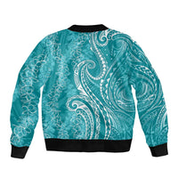 Polynesia Plumeria Lei Bomber Jacket Teal Curves Motif