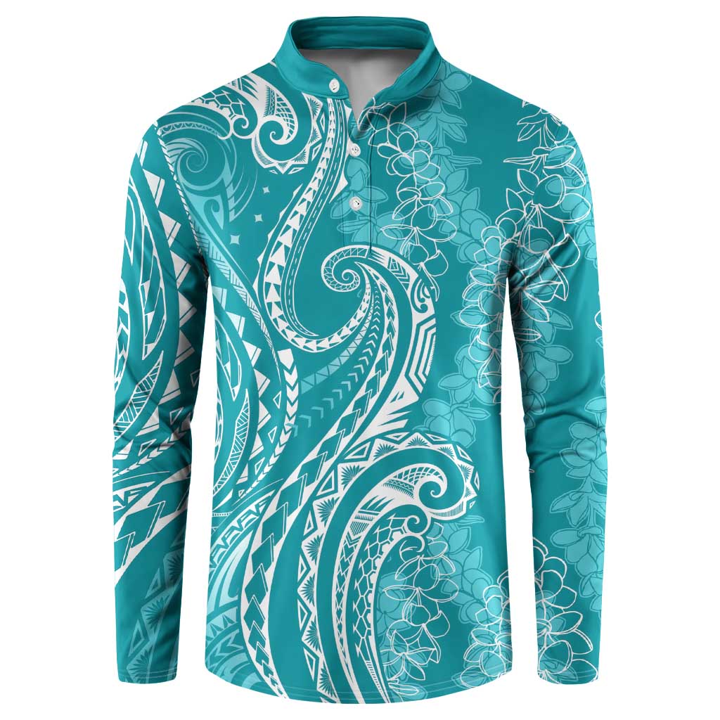 Polynesia Plumeria Lei Button Sweatshirt Teal Curves Motif LT7 Teal - Polynesian Pride