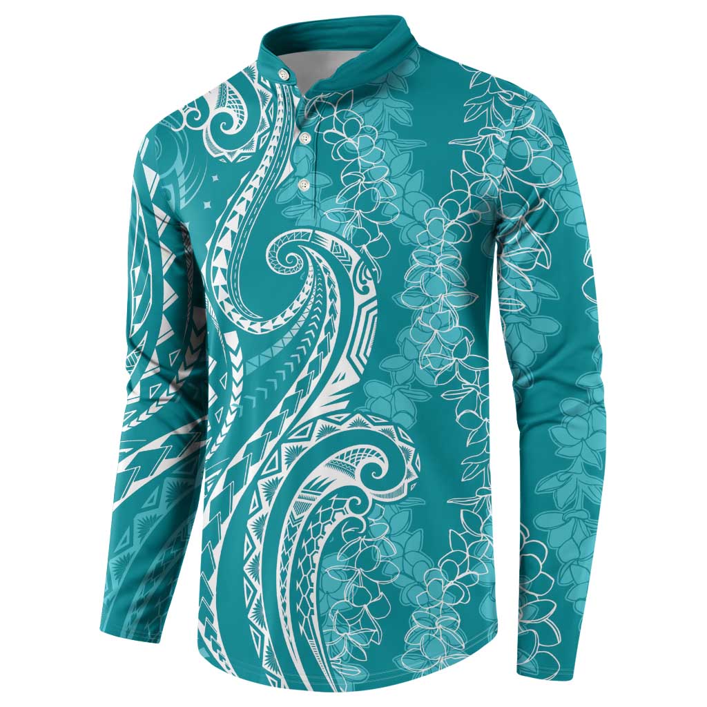 Polynesia Plumeria Lei Button Sweatshirt Teal Curves Motif LT7 - Polynesian Pride