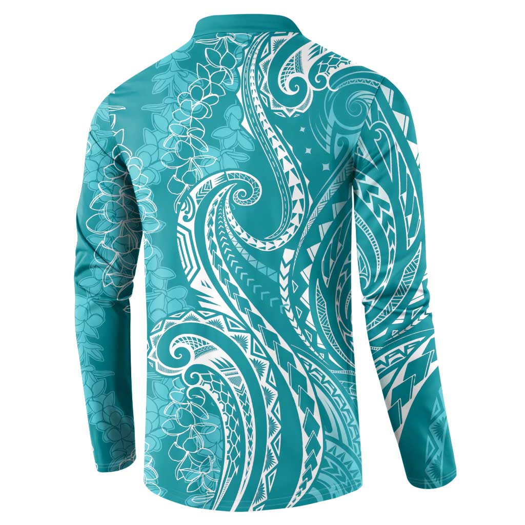 Polynesia Plumeria Lei Button Sweatshirt Teal Curves Motif LT7 - Polynesian Pride