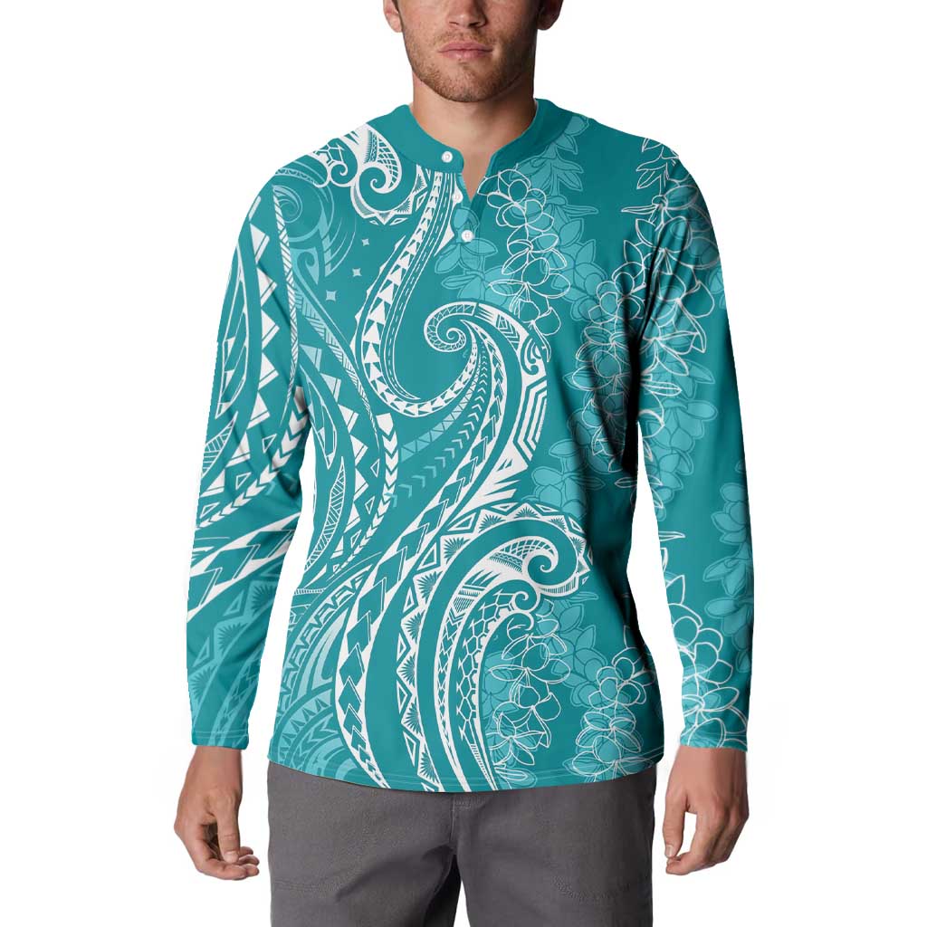 Polynesia Plumeria Lei Button Sweatshirt Teal Curves Motif LT7 - Polynesian Pride
