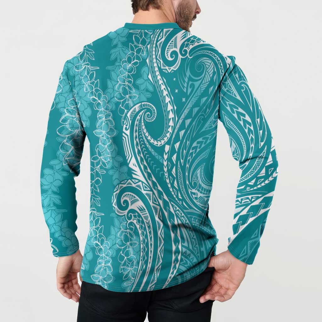 Polynesia Plumeria Lei Button Sweatshirt Teal Curves Motif LT7 - Polynesian Pride
