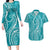 Polynesia Plumeria Lei Couples Matching Long Sleeve Bodycon Dress and Hawaiian Shirt Teal Curves Motif