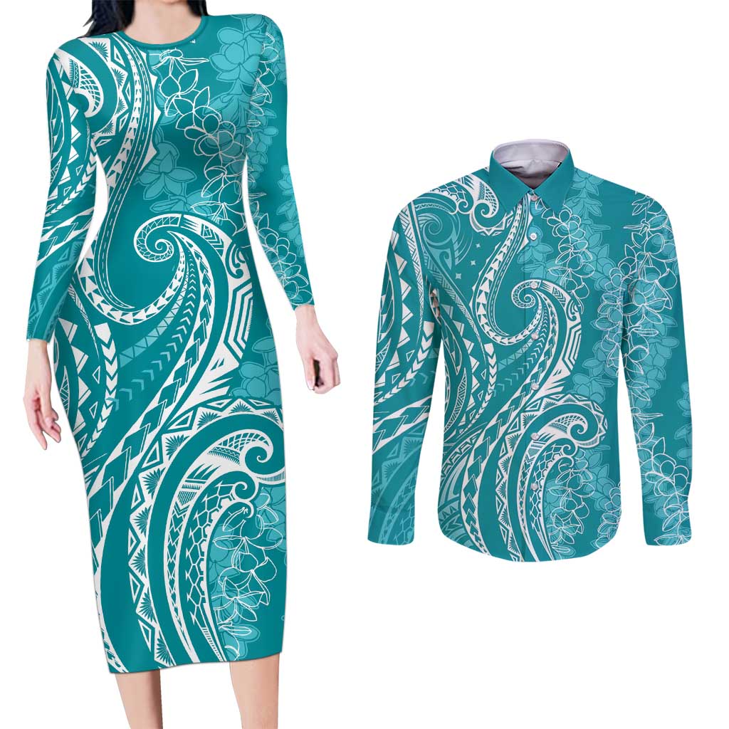 Polynesia Plumeria Lei Couples Matching Long Sleeve Bodycon Dress and Long Sleeve Button Shirt Teal Curves Motif LT7 Teal - Polynesian Pride