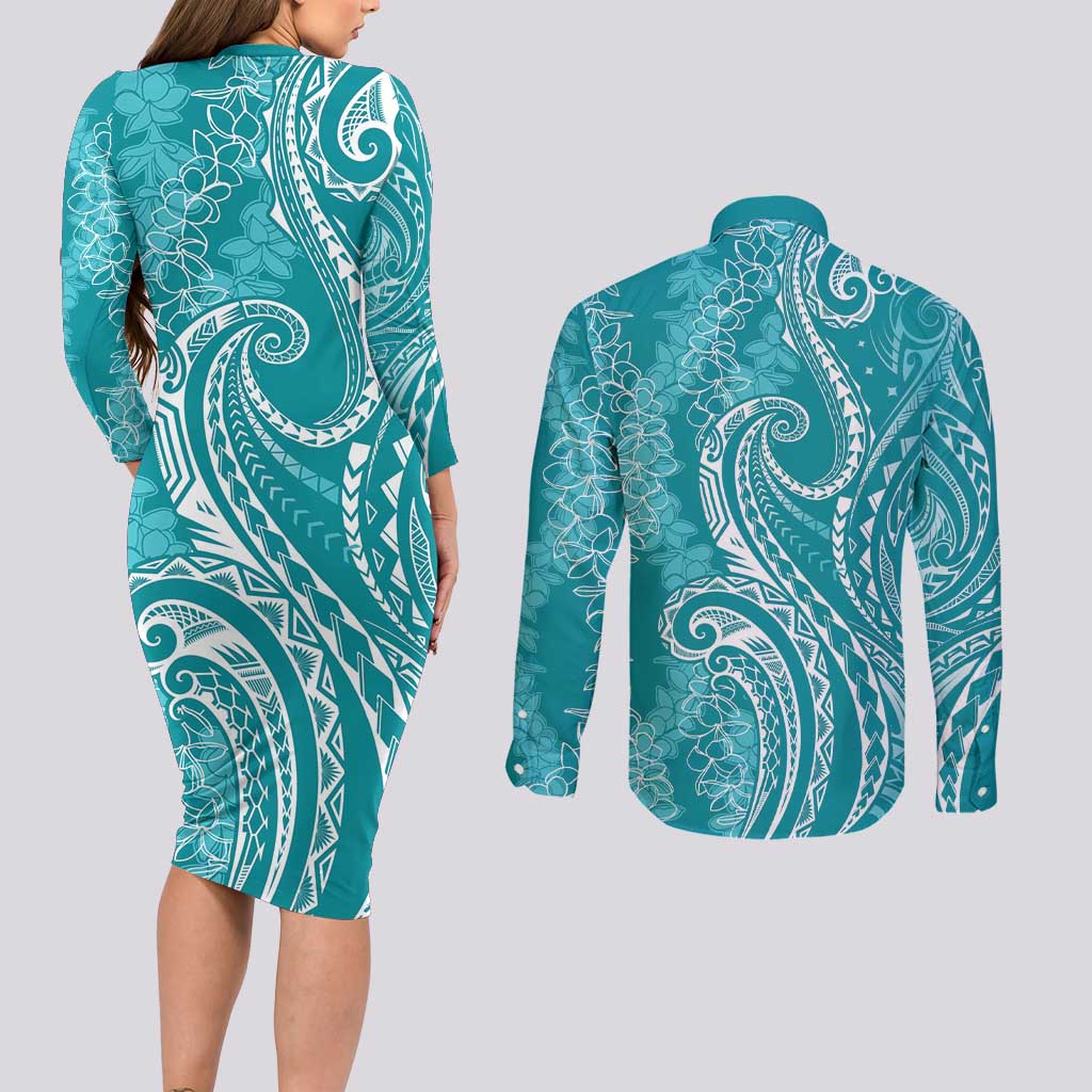 Polynesia Plumeria Lei Couples Matching Long Sleeve Bodycon Dress and Long Sleeve Button Shirt Teal Curves Motif LT7 - Polynesian Pride