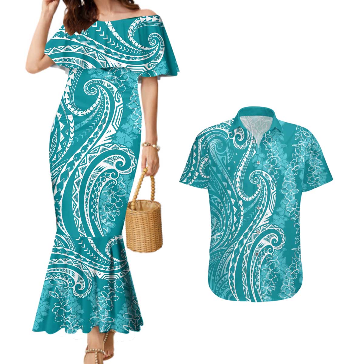 Polynesia Plumeria Lei Couples Matching Mermaid Dress and Hawaiian Shirt Teal Curves Motif