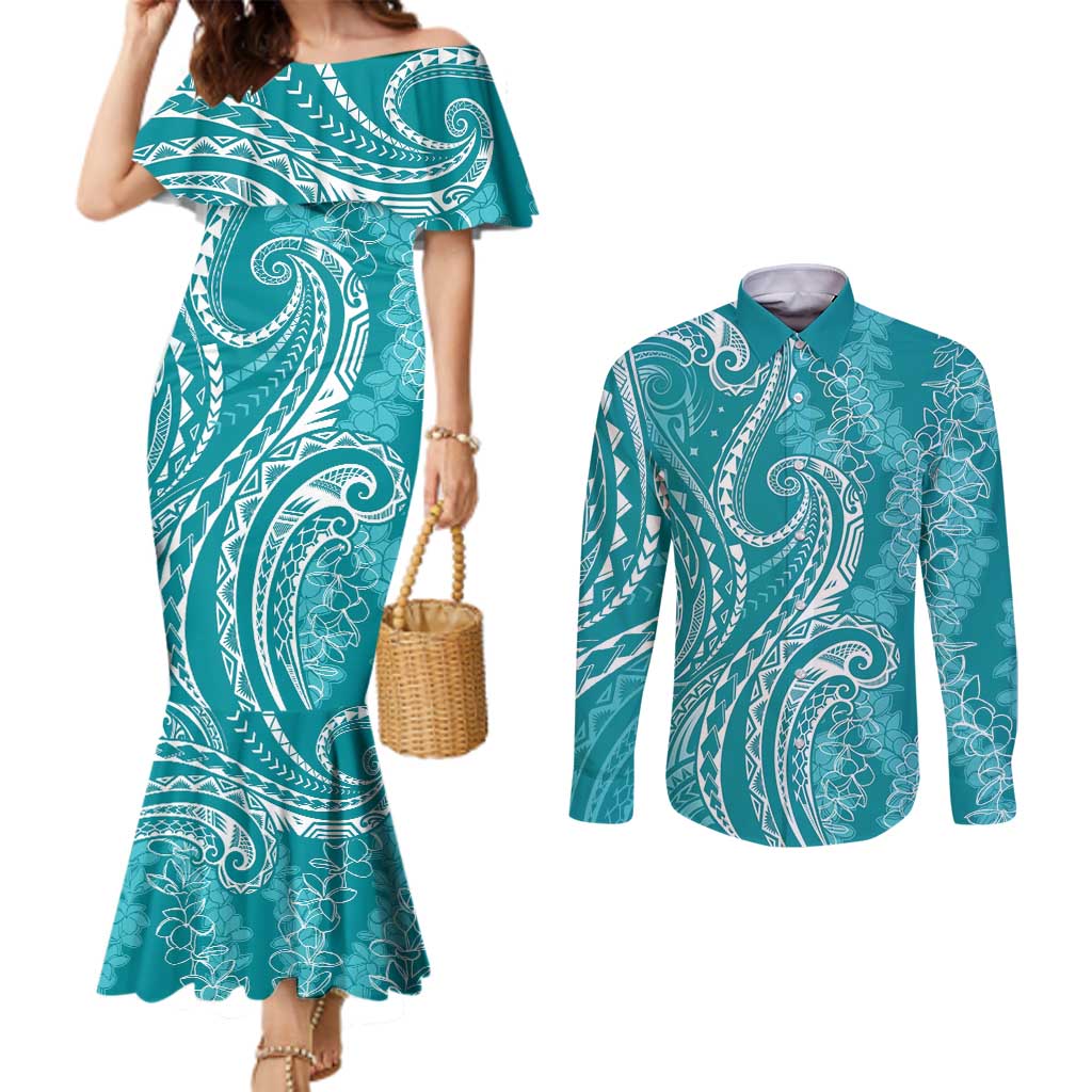 Polynesia Plumeria Lei Couples Matching Mermaid Dress and Long Sleeve Button Shirt Teal Curves Motif LT7 Teal - Polynesian Pride