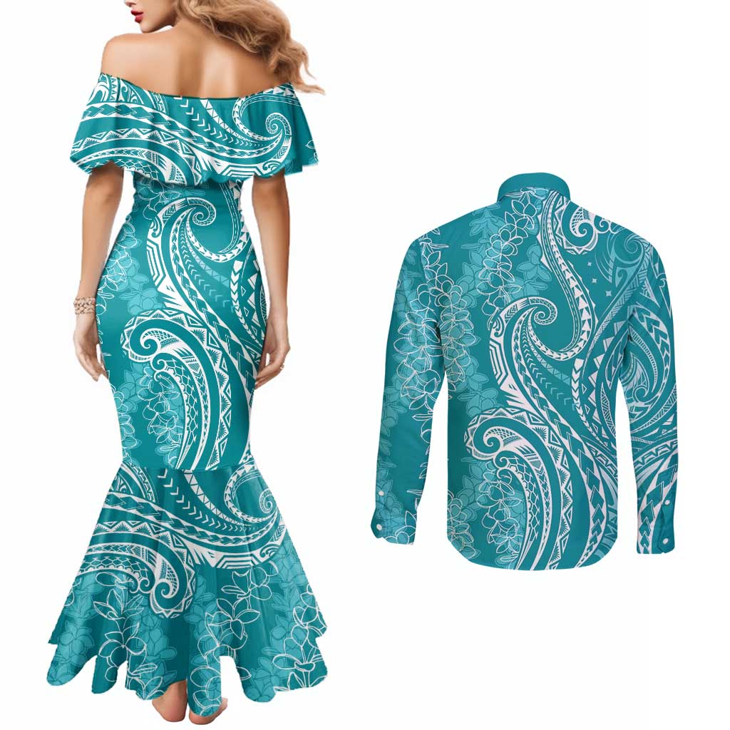 Polynesia Plumeria Lei Couples Matching Mermaid Dress and Long Sleeve Button Shirt Teal Curves Motif