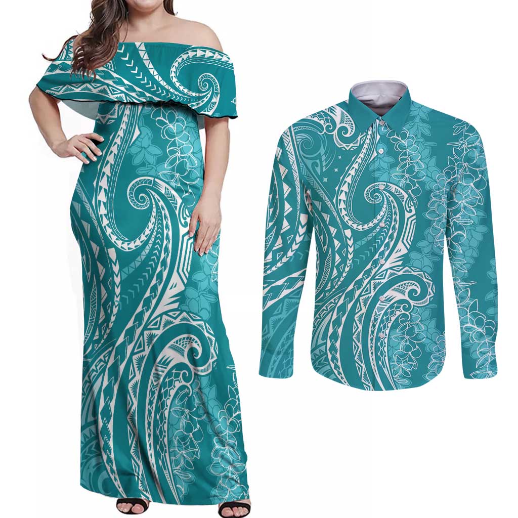 Polynesia Plumeria Lei Couples Matching Off Shoulder Maxi Dress and Long Sleeve Button Shirt Teal Curves Motif LT7 Teal - Polynesian Pride