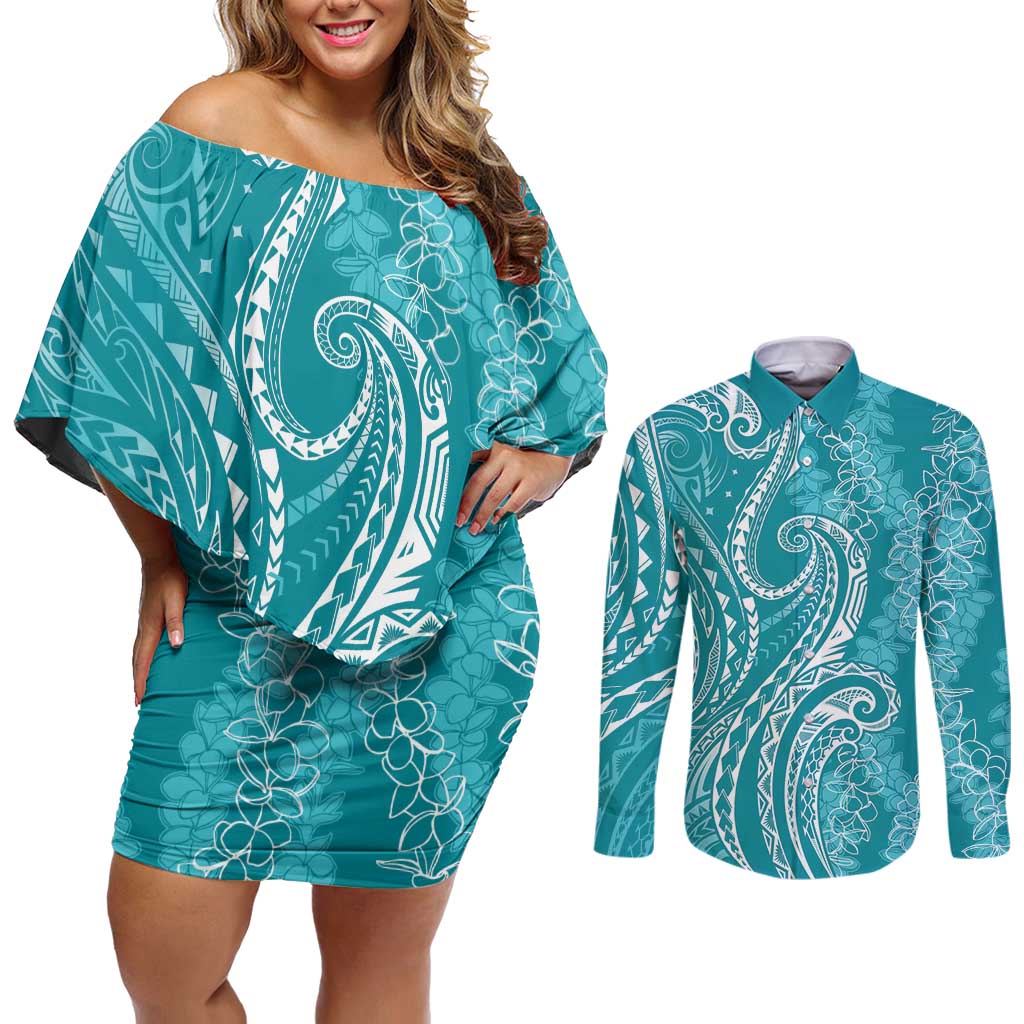 Polynesia Plumeria Lei Couples Matching Off Shoulder Short Dress and Long Sleeve Button Shirt Teal Curves Motif LT7 Teal - Polynesian Pride