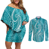 Polynesia Plumeria Lei Couples Matching Off Shoulder Short Dress and Long Sleeve Button Shirt Teal Curves Motif LT7 Teal - Polynesian Pride