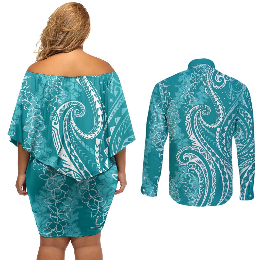 Polynesia Plumeria Lei Couples Matching Off Shoulder Short Dress and Long Sleeve Button Shirt Teal Curves Motif LT7 - Polynesian Pride