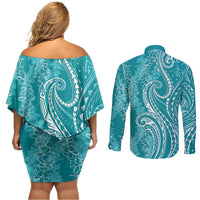 Polynesia Plumeria Lei Couples Matching Off Shoulder Short Dress and Long Sleeve Button Shirt Teal Curves Motif LT7 - Polynesian Pride