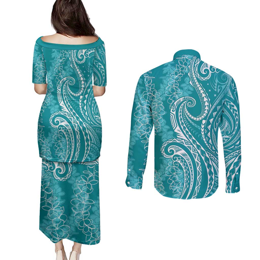 Polynesia Plumeria Lei Couples Matching Puletasi and Long Sleeve Button Shirt Teal Curves Motif LT7 - Polynesian Pride
