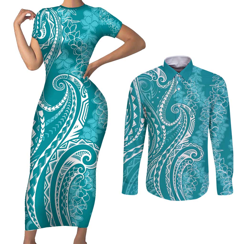 Polynesia Plumeria Lei Couples Matching Short Sleeve Bodycon Dress and Long Sleeve Button Shirt Teal Curves Motif LT7 Teal - Polynesian Pride