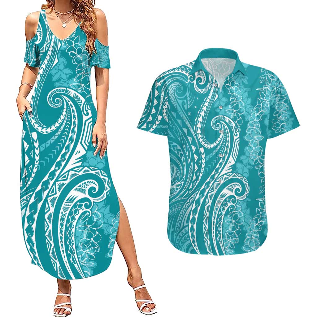 Polynesia Plumeria Lei Couples Matching Summer Maxi Dress and Hawaiian Shirt Teal Curves Motif LT7 Teal - Polynesian Pride