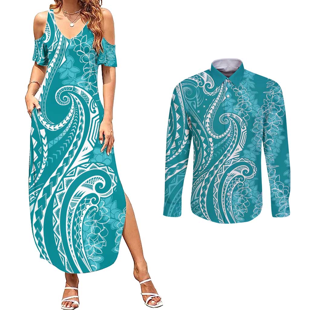 Polynesia Plumeria Lei Couples Matching Summer Maxi Dress and Long Sleeve Button Shirt Teal Curves Motif LT7 Teal - Polynesian Pride
