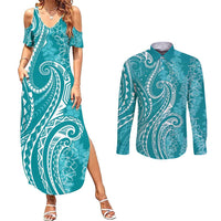 Polynesia Plumeria Lei Couples Matching Summer Maxi Dress and Long Sleeve Button Shirt Teal Curves Motif LT7 Teal - Polynesian Pride