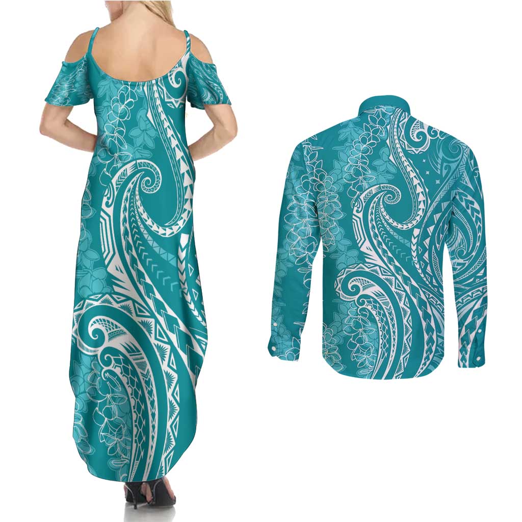 Polynesia Plumeria Lei Couples Matching Summer Maxi Dress and Long Sleeve Button Shirt Teal Curves Motif LT7 - Polynesian Pride