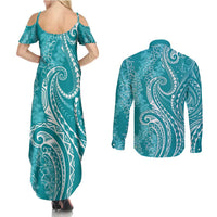 Polynesia Plumeria Lei Couples Matching Summer Maxi Dress and Long Sleeve Button Shirt Teal Curves Motif LT7 - Polynesian Pride