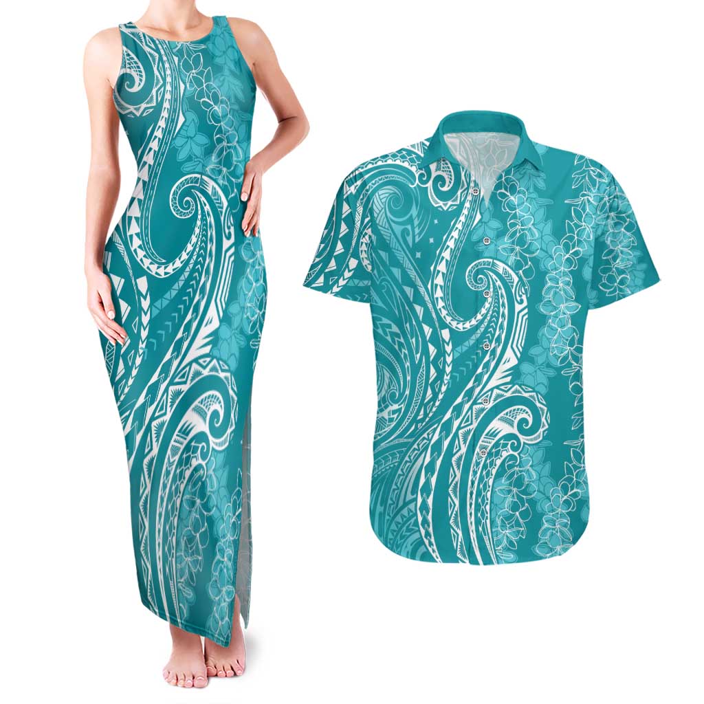 Polynesia Plumeria Lei Couples Matching Tank Maxi Dress and Hawaiian Shirt Teal Curves Motif LT7 Teal - Polynesian Pride