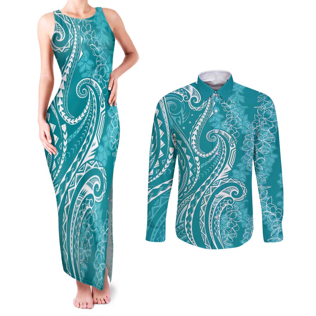 Polynesia Plumeria Lei Couples Matching Tank Maxi Dress and Long Sleeve Button Shirt Teal Curves Motif LT7 Teal - Polynesian Pride