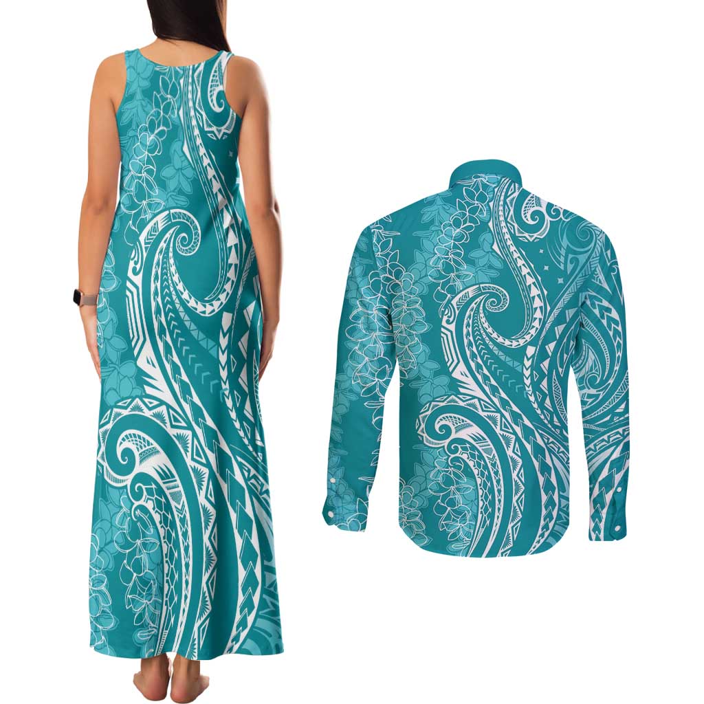 Polynesia Plumeria Lei Couples Matching Tank Maxi Dress and Long Sleeve Button Shirt Teal Curves Motif LT7 - Polynesian Pride