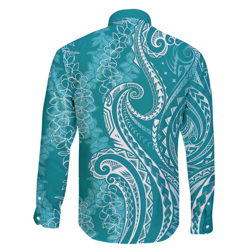 Polynesia Plumeria Lei Family Matching Mermaid Dress and Hawaiian Shirt Teal Curves Motif
