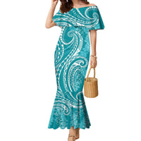 Polynesia Plumeria Lei Family Matching Mermaid Dress and Hawaiian Shirt Teal Curves Motif