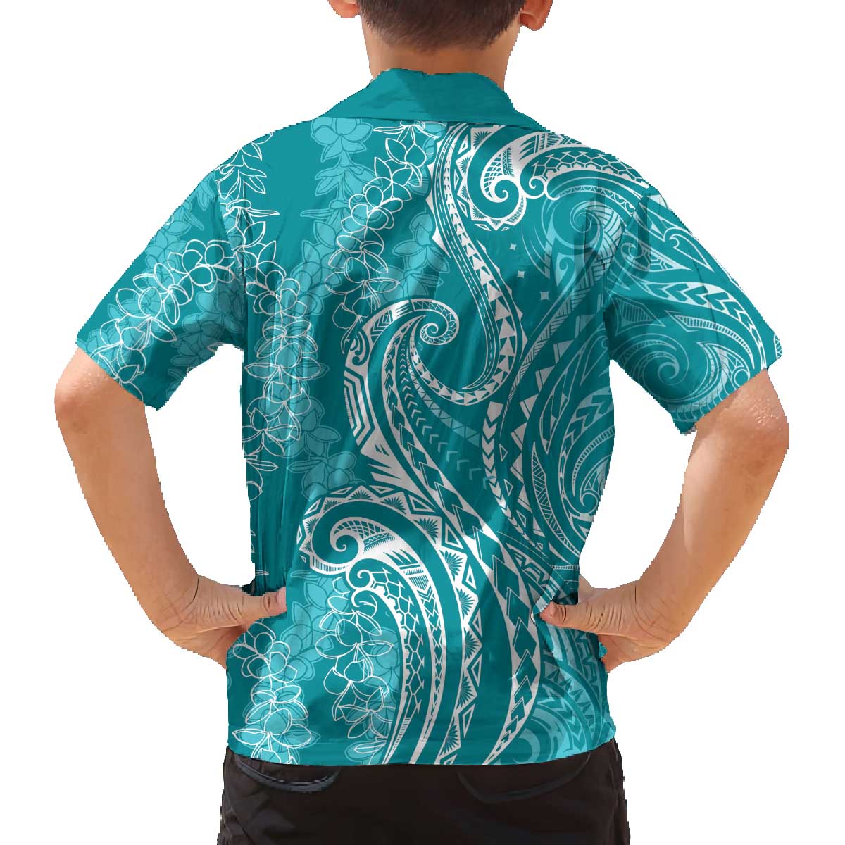 Polynesia Plumeria Lei Family Matching Off The Shoulder Long Sleeve Dress and Hawaiian Shirt Teal Curves Motif