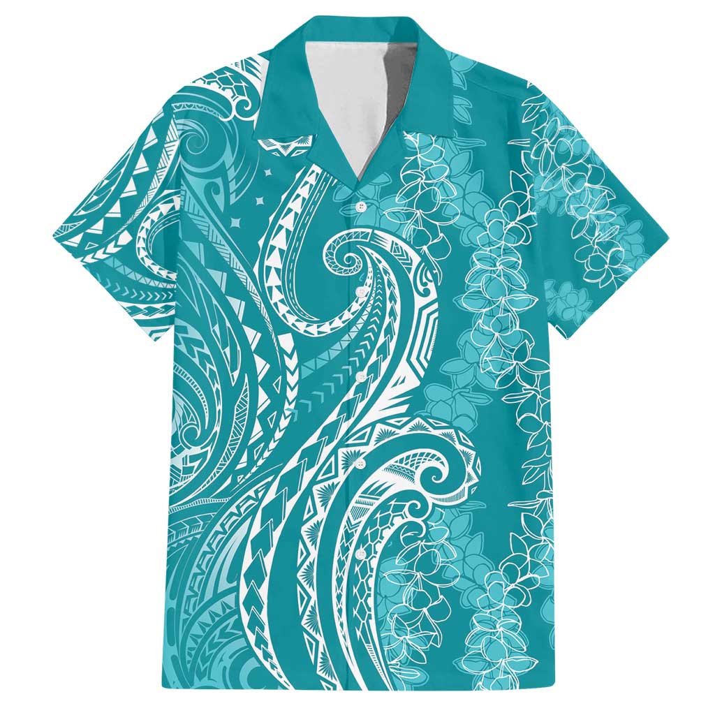 Polynesia Plumeria Lei Family Matching Off Shoulder Maxi Dress and Hawaiian Shirt Teal Curves Motif