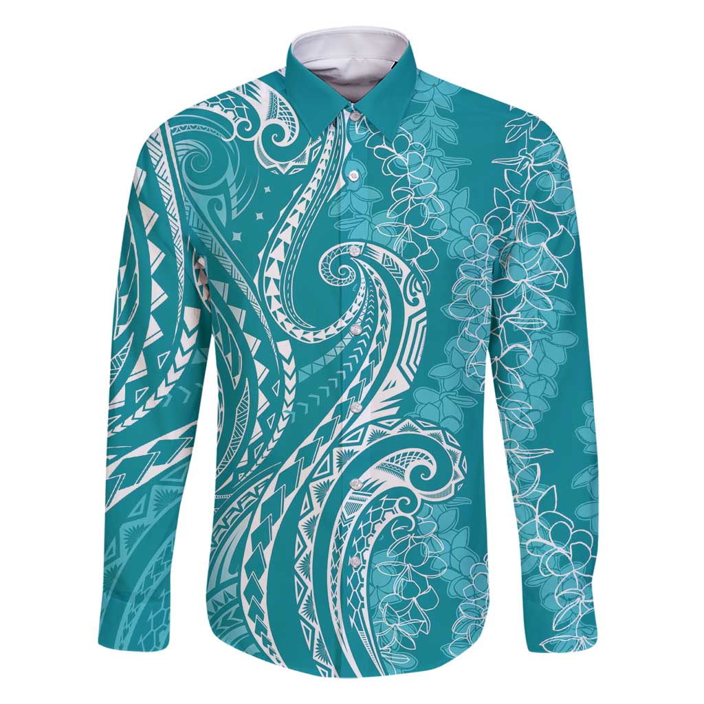 Polynesia Plumeria Lei Family Matching Off Shoulder Maxi Dress and Hawaiian Shirt Teal Curves Motif