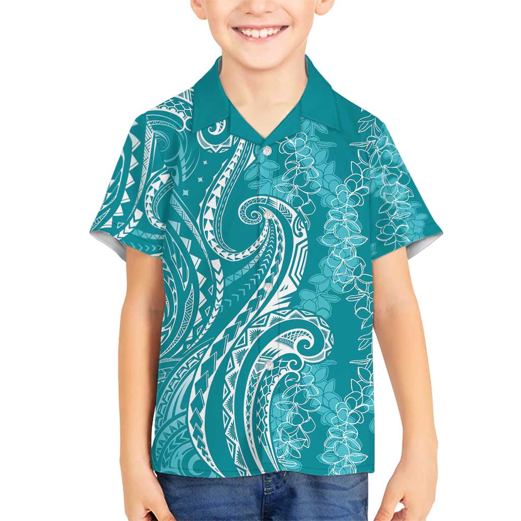 Polynesia Plumeria Lei Family Matching Off Shoulder Maxi Dress and Hawaiian Shirt Teal Curves Motif