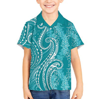 Polynesia Plumeria Lei Family Matching Off Shoulder Short Dress and Hawaiian Shirt Teal Curves Motif