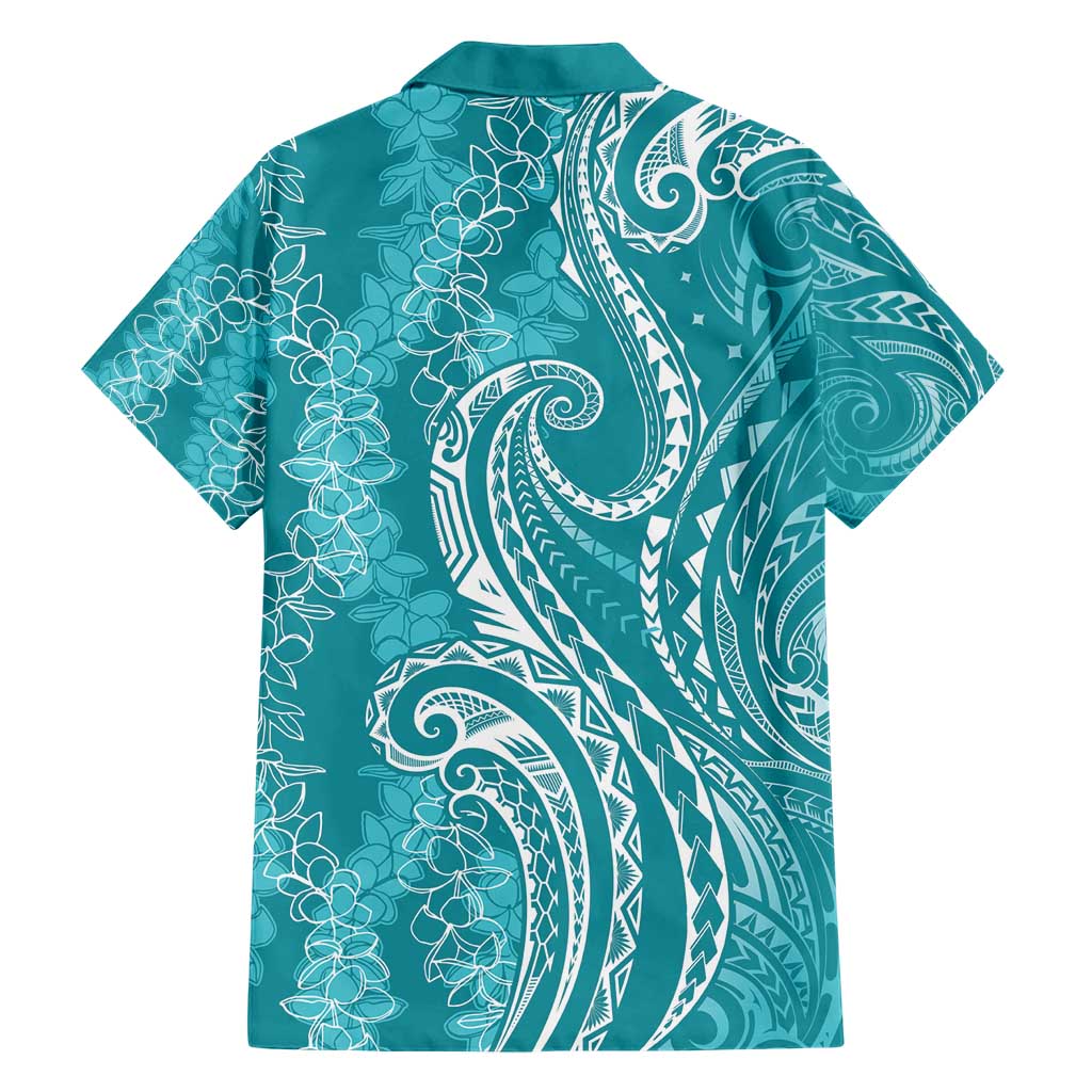 Polynesia Plumeria Lei Family Matching Short Sleeve Bodycon Dress and Hawaiian Shirt Teal Curves Motif