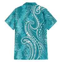 Polynesia Plumeria Lei Family Matching Short Sleeve Bodycon Dress and Hawaiian Shirt Teal Curves Motif