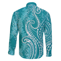 Polynesia Plumeria Lei Family Matching Short Sleeve Bodycon Dress and Hawaiian Shirt Teal Curves Motif