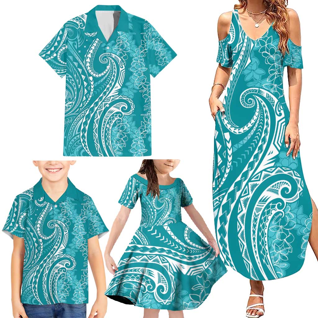 Polynesia Plumeria Lei Family Matching Summer Maxi Dress and Hawaiian Shirt Teal Curves Motif LT7 - Polynesian Pride