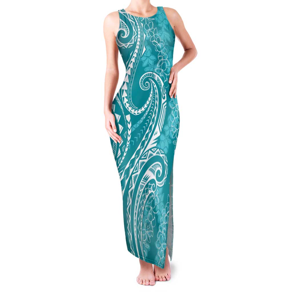 Polynesia Plumeria Lei Family Matching Tank Maxi Dress and Hawaiian Shirt Teal Curves Motif