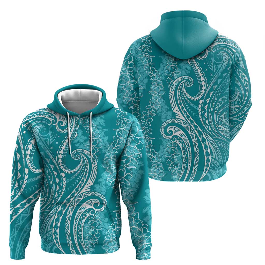 Polynesia Plumeria Lei Hoodie Teal Curves Motif