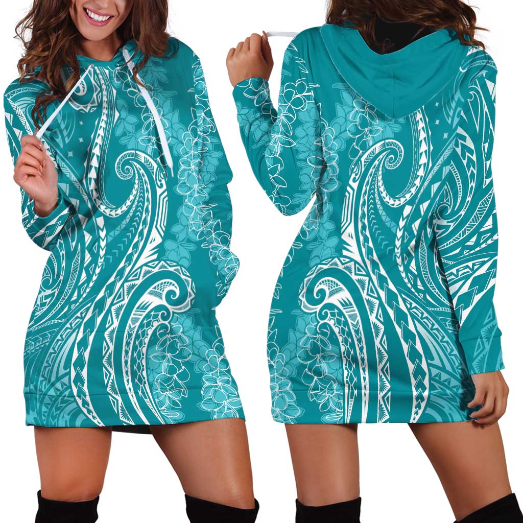 Polynesia Plumeria Lei Hoodie Dress Teal Curves Motif