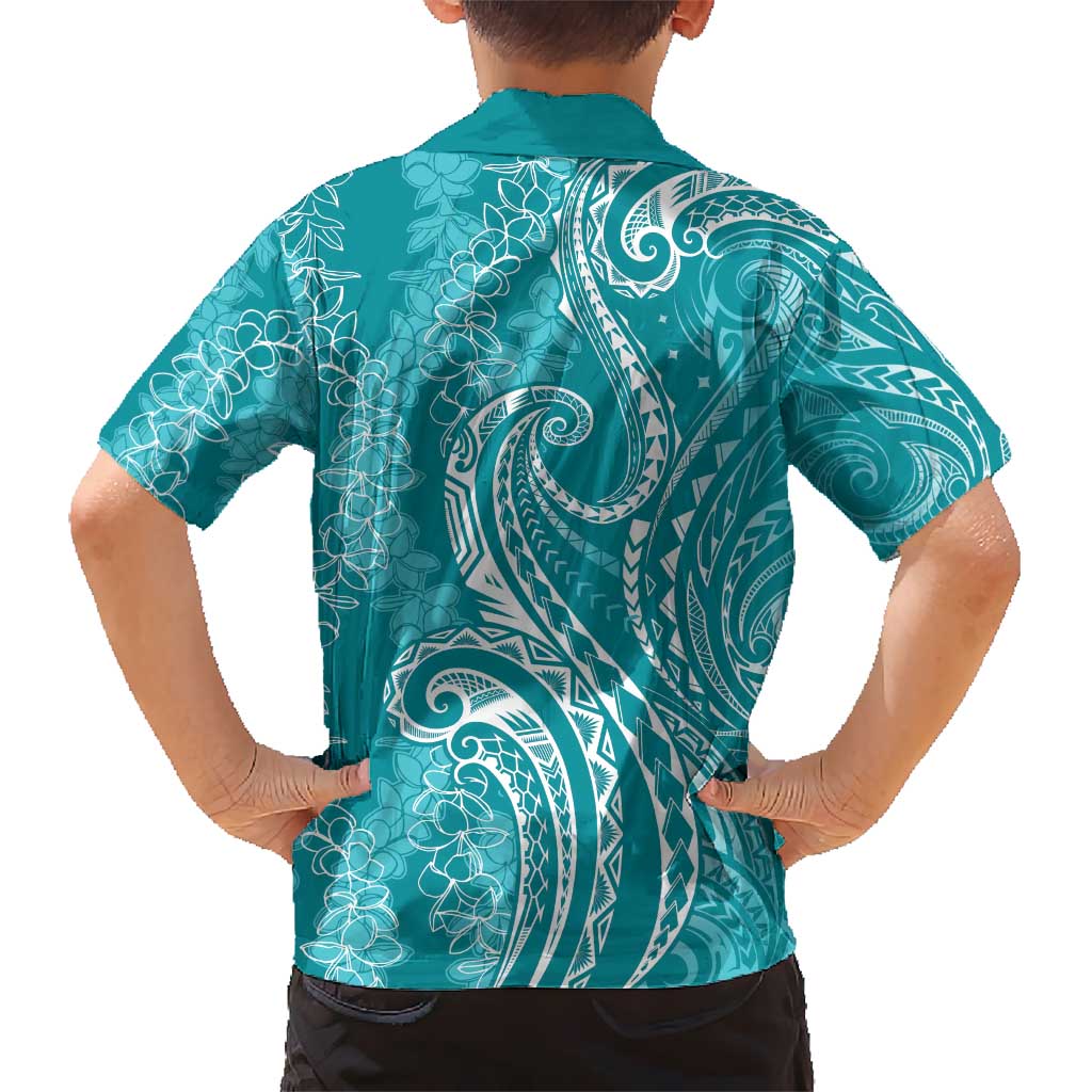 Polynesia Plumeria Lei Kid Hawaiian Shirt Teal Curves Motif LT7 - Polynesian Pride