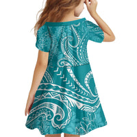 Polynesia Plumeria Lei Kid Short Sleeve Dress Teal Curves Motif LT7 - Polynesian Pride