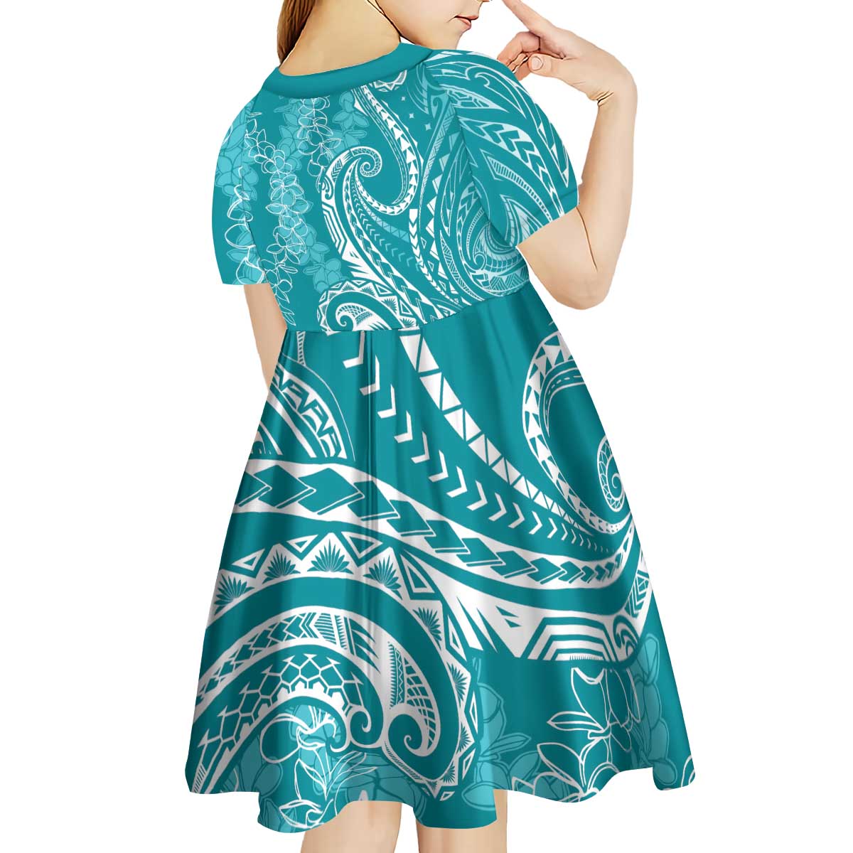 Polynesia Plumeria Lei Kid Short Sleeve Dress Teal Curves Motif LT7 - Polynesian Pride