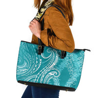 Polynesia Plumeria Lei Leather Tote Bag Teal Curves Motif